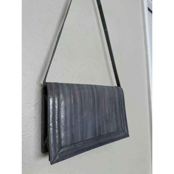 Gorgeous Vintage Eel Leather Muted Gray Blue Rectangle Shoulder Bag Classic - Picture 4 of 7